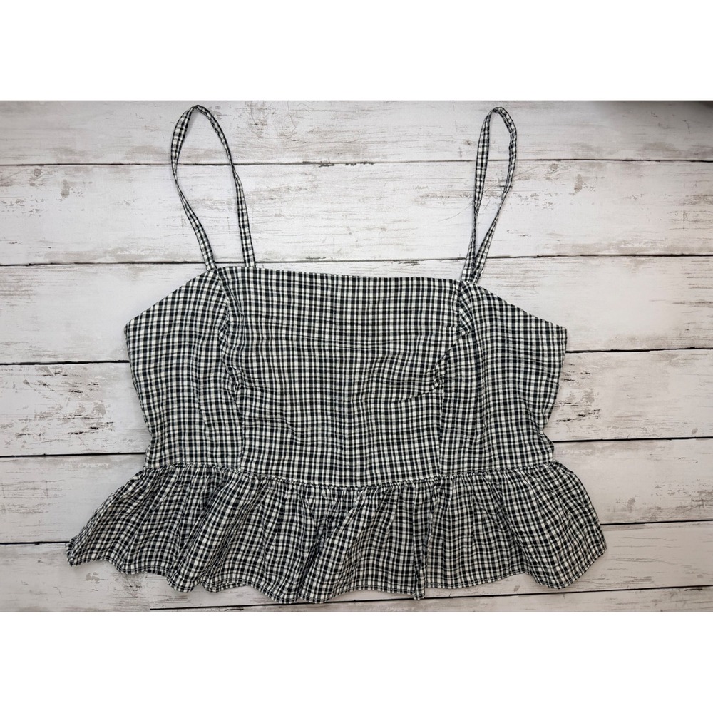 Aerie Gingham Peplum Camisole Top Black White Smocked Back Adjustable Straps M